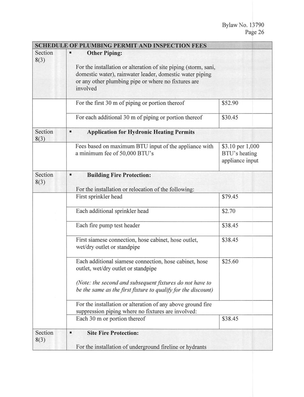 Page 26 SCHEDULE OF PLUMBING PERMIT AND INSPECTION FEES 8(3) Other Piping: For the installation or alteration ofsite piping (storm, sani, domestic water), rainwater leader, domestic water piping or