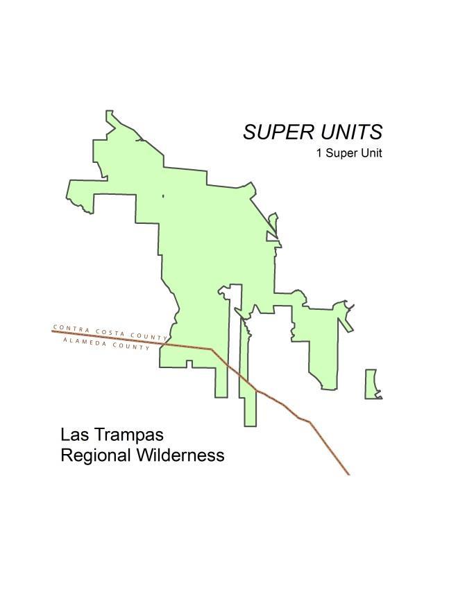SUPER UNITS are aggregations of UNITS to create a single polygon for each site name (e.g. Las Trampas Regional Wilderness). SUPER UNITS are useful for cartographic representation.