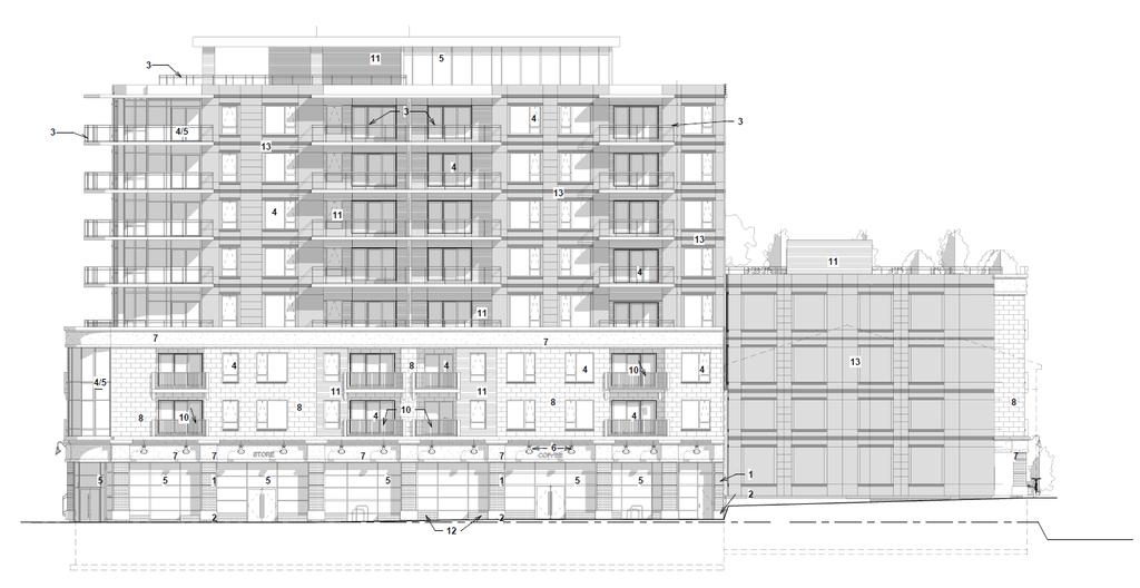 Proposal East Elevation 3 1. Four-storey addition with fifth level landscaped podium 2.
