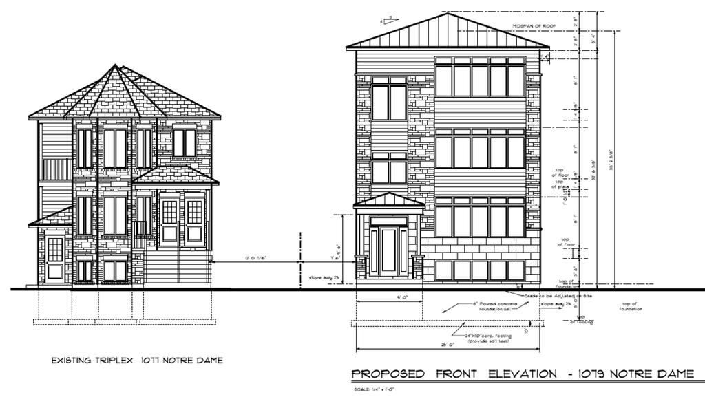 FIGURE 2: FONT ELEVATION WITH EXISTING RESIDENTIAL SHOWN DISCUSSION The proposed four unit apartment building conforms to most provisions of the zoning requirements of the Residential Three (R3) zone.