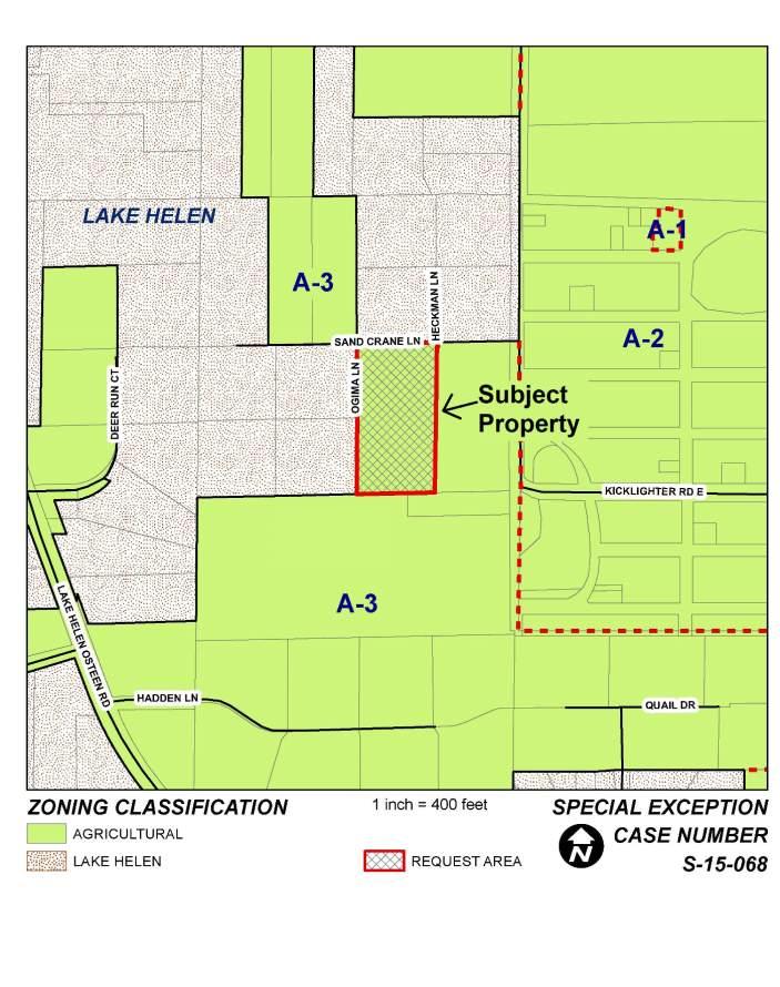 Adjacent Zoning and Land Use: DIRECTION ZONING FUTURE LAND USE CURRENT USE North: City of Lake Helen RR City of Lake Helen Rural Residential Single-Family Rural Residential East: A-3 Rural