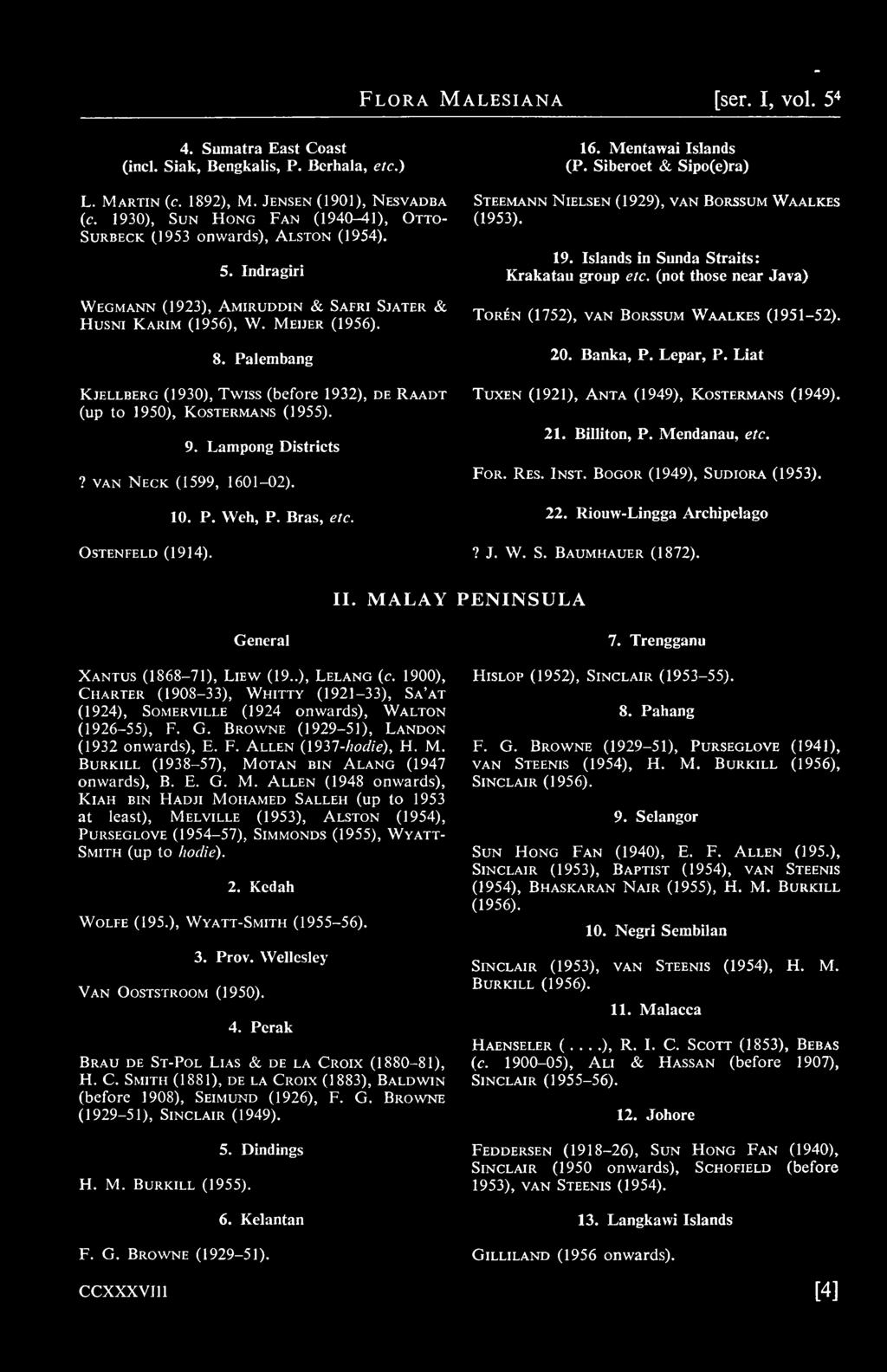 Palembang Kjellberg (1930), Twiss (before 1932), de Raadt (up to 1950), Kostermans (1955). 9. Lampong Districts? VAN Neck (1599, 1601-02). 10. P. Weh, P. Bras, etc. 16. Mentawai Islands (P.