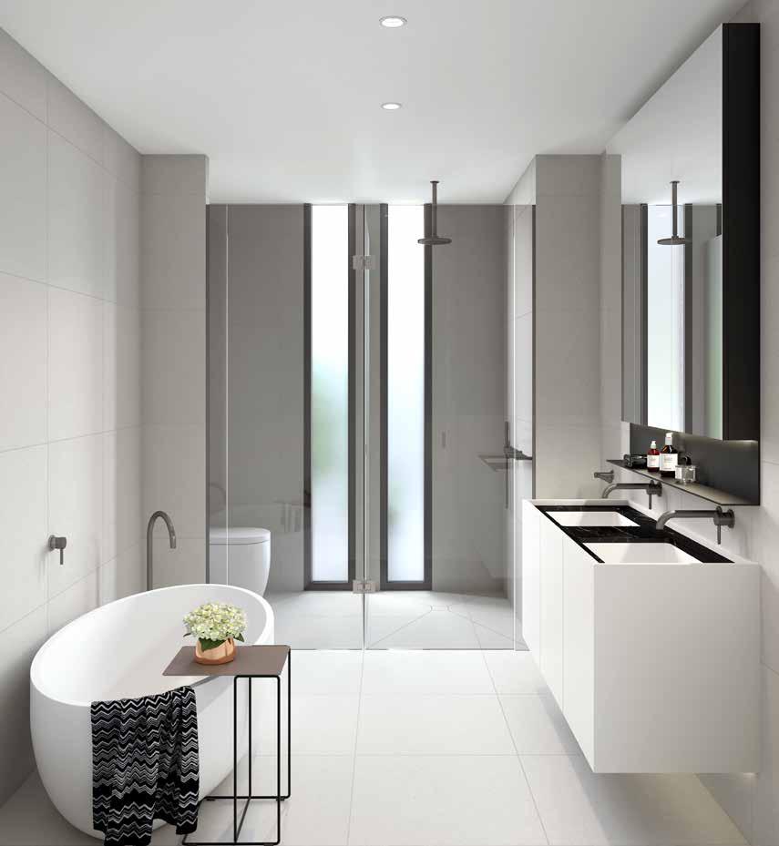 TIMELESS INTERIORS Stricking black and white finishes Noir s elegant palette extends to stunning bathrooms, where the cool grey powdery matt