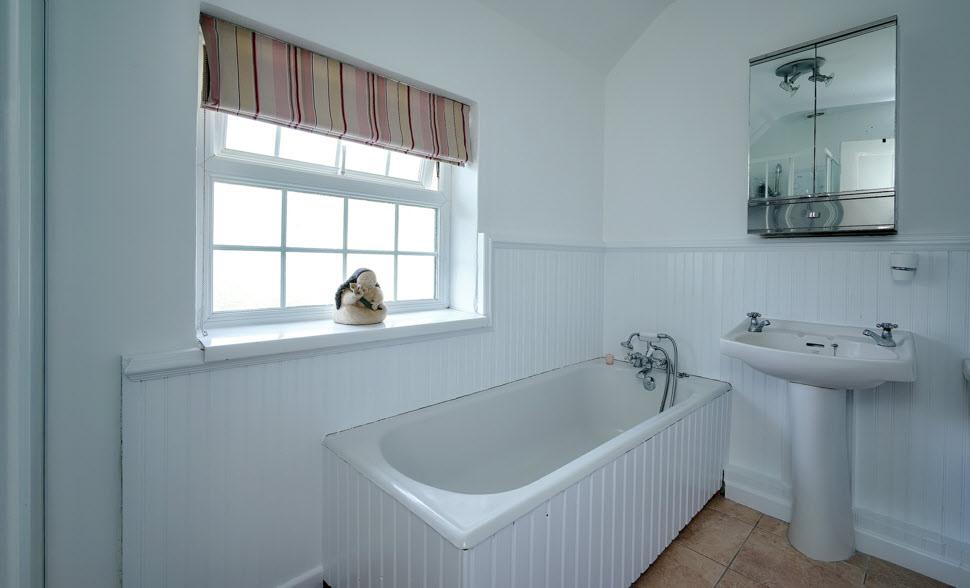 panelled bath with mixer tap, telephone hand shower, pedestal
