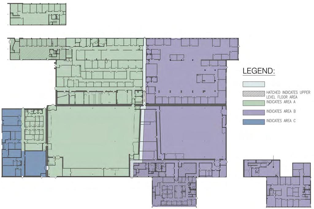 Upper Level LEGEND A B Hatched indicates upper level floor area Area A Area B Area C Main Level Floorplan Tenant to verify all information Square Feet Area A 49,284 RSF (includes Stage A) Area B