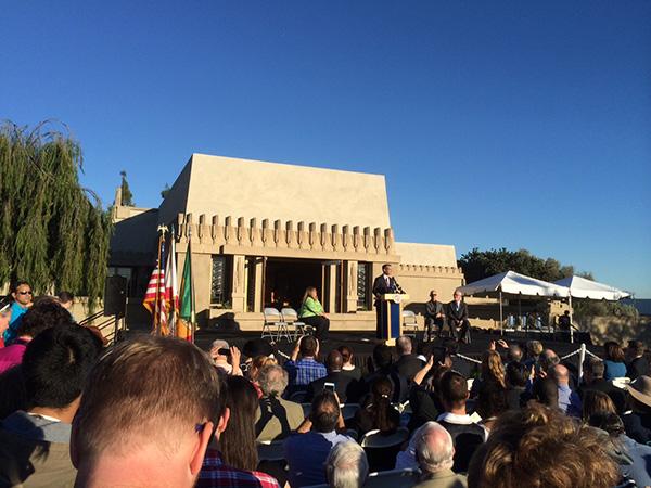 Mayor Eric Garcetti speaking at the grand reopening of the Hollyhock House, February 13, 2015.
