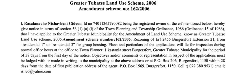 PROVINCIAL GAZETTE, 24 OCTOBER 2014 No. 2433 9 GENERAL NOTICE 381 OF 2014 Greaer Tubase Land Use Scheme, 2006 Amendmen scheme no: 162/2006 I.