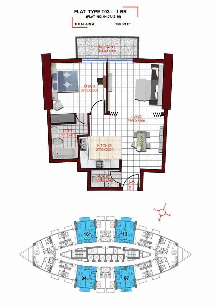 TYPICAL FLOOR PLAN 1BR FLAT TYPE T03-1 BR