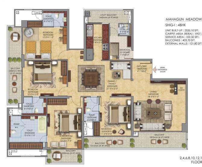 SHIG-I 4 BHK (Typical Floor) Super Area - 274.06 sq.m./ 2950 sq.ft. Carpet Area - 177.17 sq.m./ 1907.10 sq.ft. Balconey Area - 37.50 sq.m./ 403.70 sq.ft. 4 Bedrooms 4 Toilets Living Room Family / Dining Room Kitchen with Utility St.