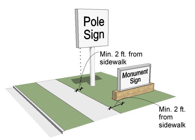 a minimum of 2 feet from the back of a sidewalk. b. The pole structure and base of a freestanding sign shall be architecturally compatible with the building to which it is associated.