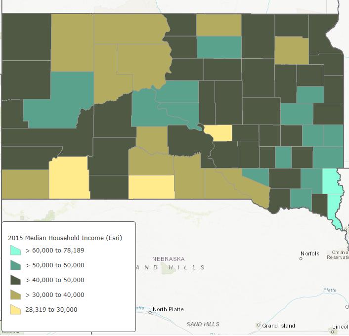 Map ll.6 following, shows household median income by county for 2015. Map II.