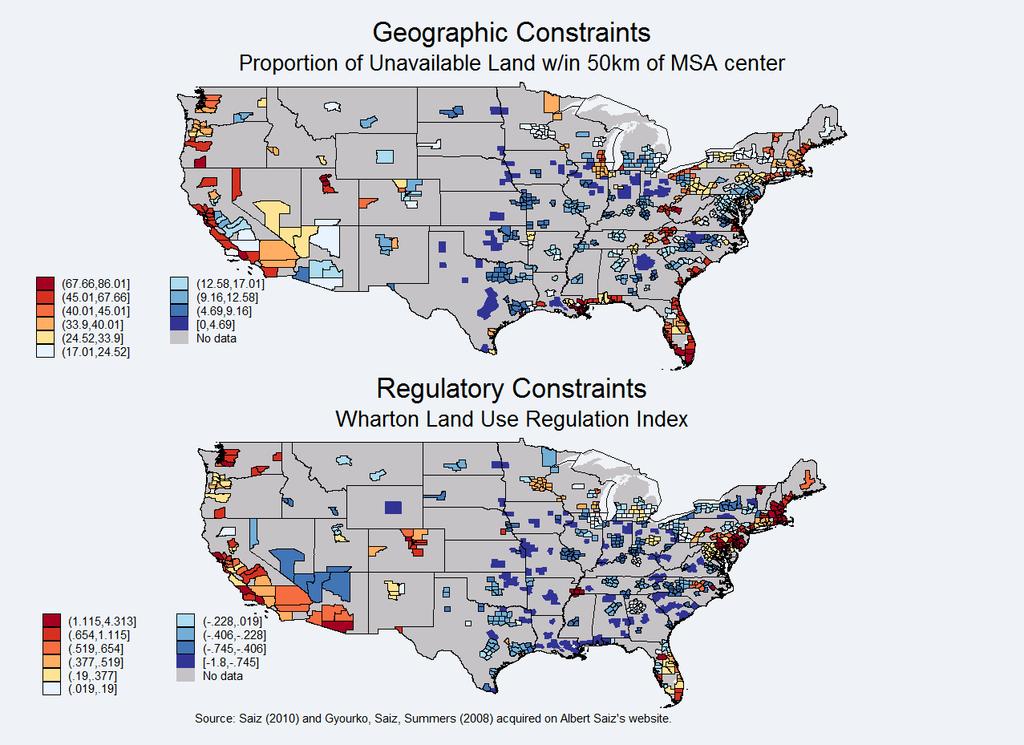 Figure 3: Housing Supply Elasticity Measures: Geographic and Regulatory Constraints: Geographic barriers, as measured by land lost to water and steep slopes, as well as zoning regulations increase