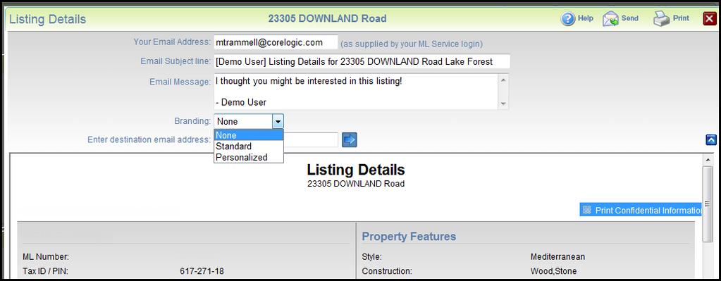 The Send option in the Listing Detail report has been expanded to include several new options.