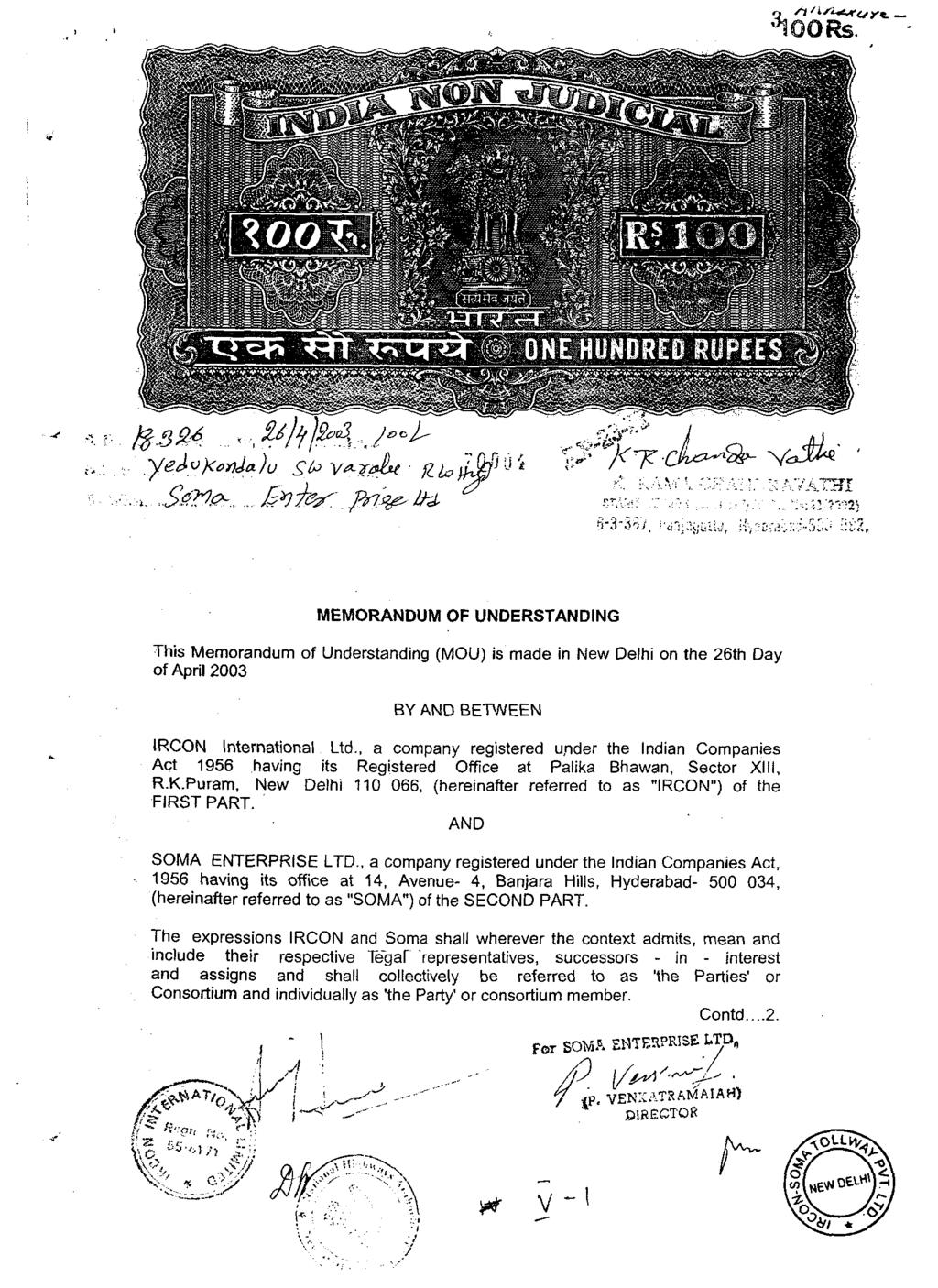 MEMORANDUM OF UNDERSTANDING This Memorandum of Understanding (MOU) is made in New Delhi on the 26th Day of April 2003 BY AND BETWEEN. IRCON International Ltd.