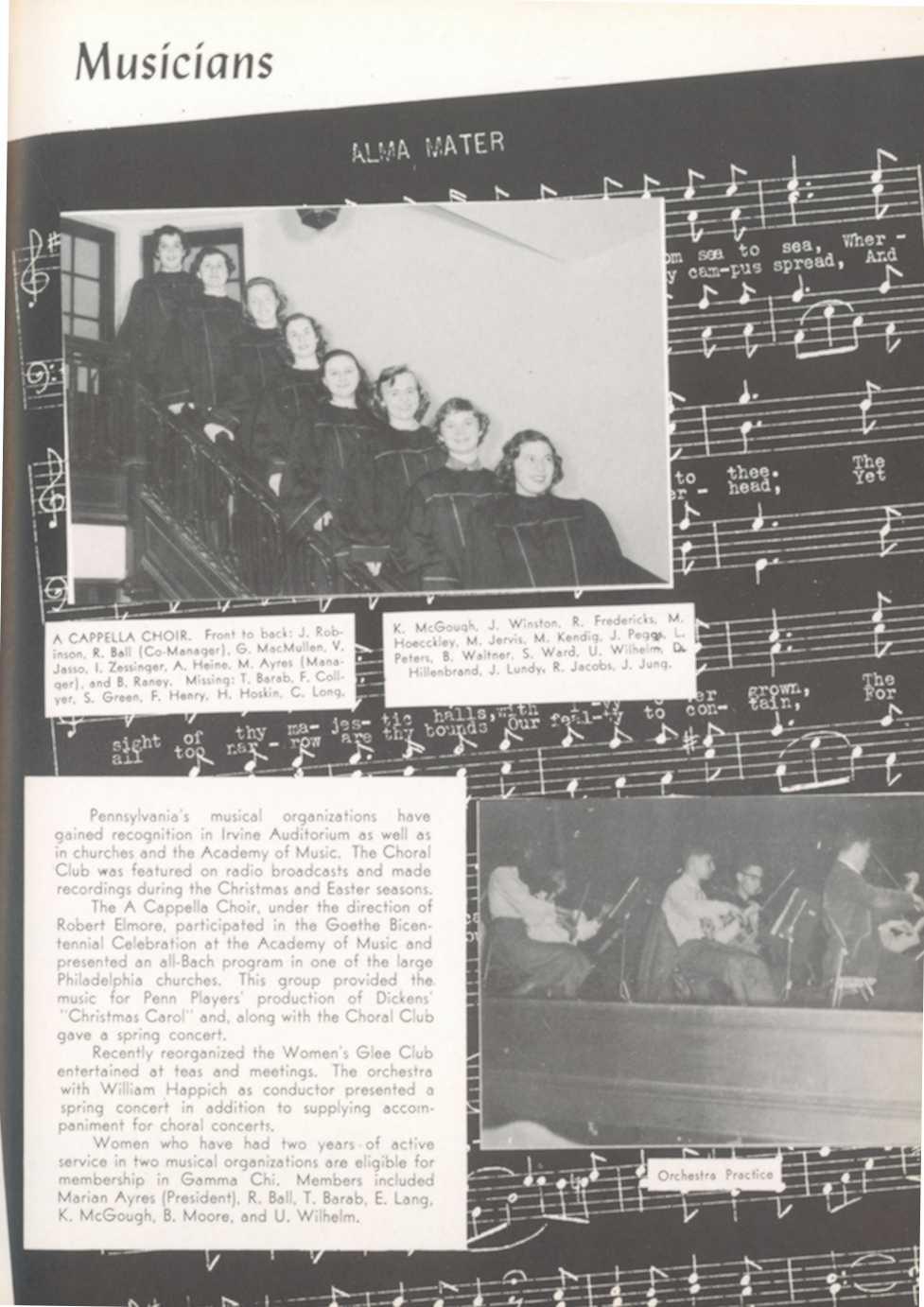 oll ntennial Musician s A CAPPELLA CHOIR Front to back : J R R Ball (Co-Man age r ), G MacMullen, obinson, V Jasso, I Zessinger, A Heine, M Ayres (Man and B Raney Missing: T Barab, F C ager), ye r, S