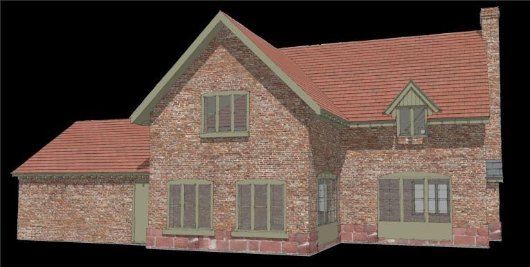 Low eaves, overgrown timber framed porch and local red sandstone plinth all add to the