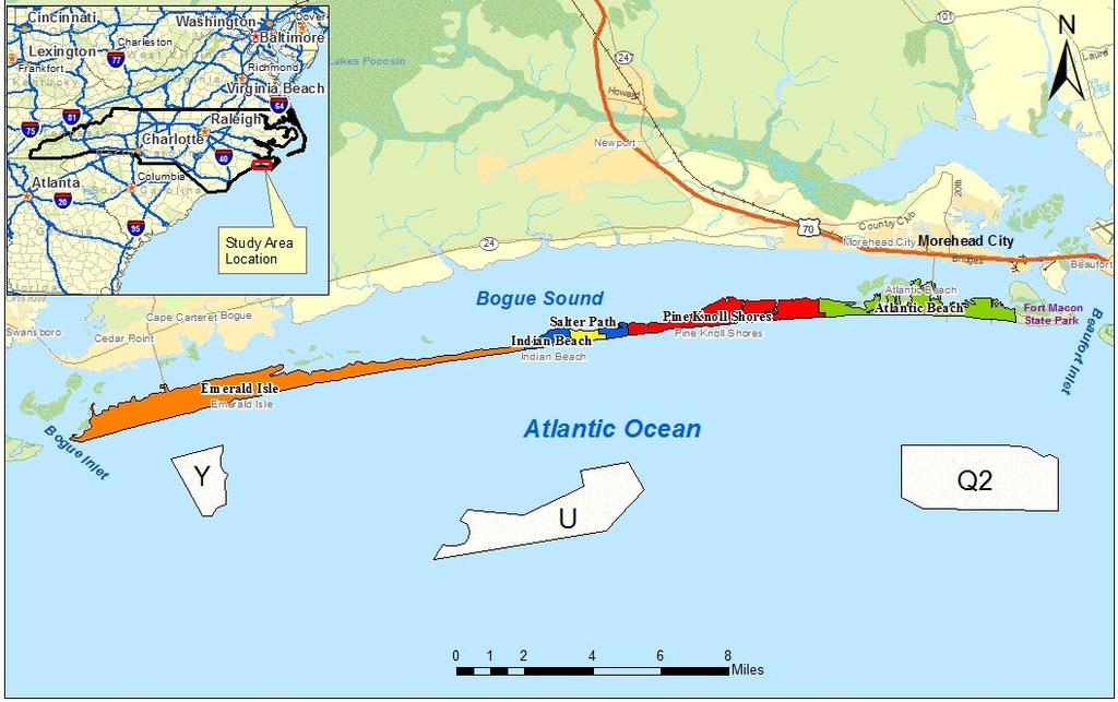 approximately 1 mile. The study area also includes three offshore borrow sites lying 1 to 8 miles from the shoreline (shown in Figure 1.