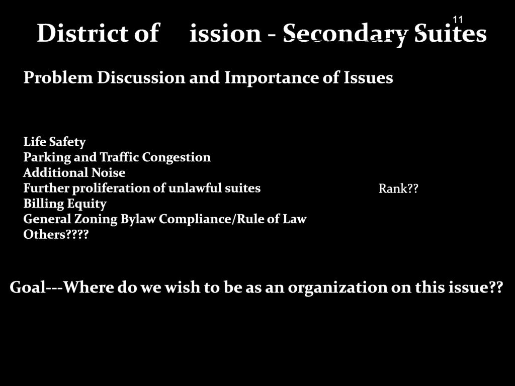 11 District of Mission - Secondary Suites Problem Discussion and Importance of Issues Life Safety Parking and Traffic Congestion Additional Noise Further