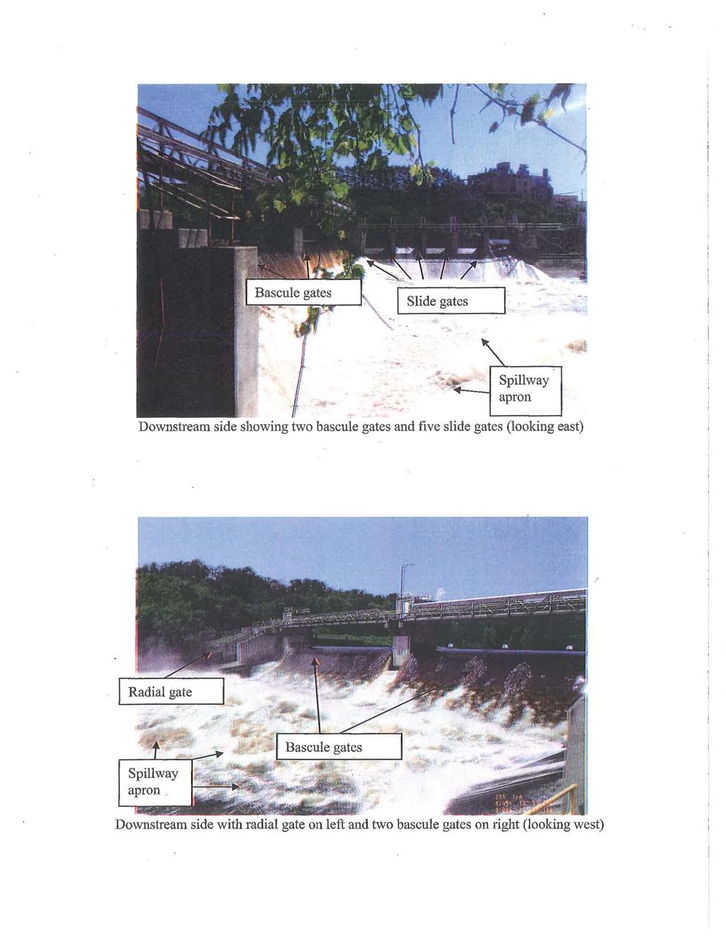 Spillway apron Downstream side showing two bascule gates and five slide gates (looking east)