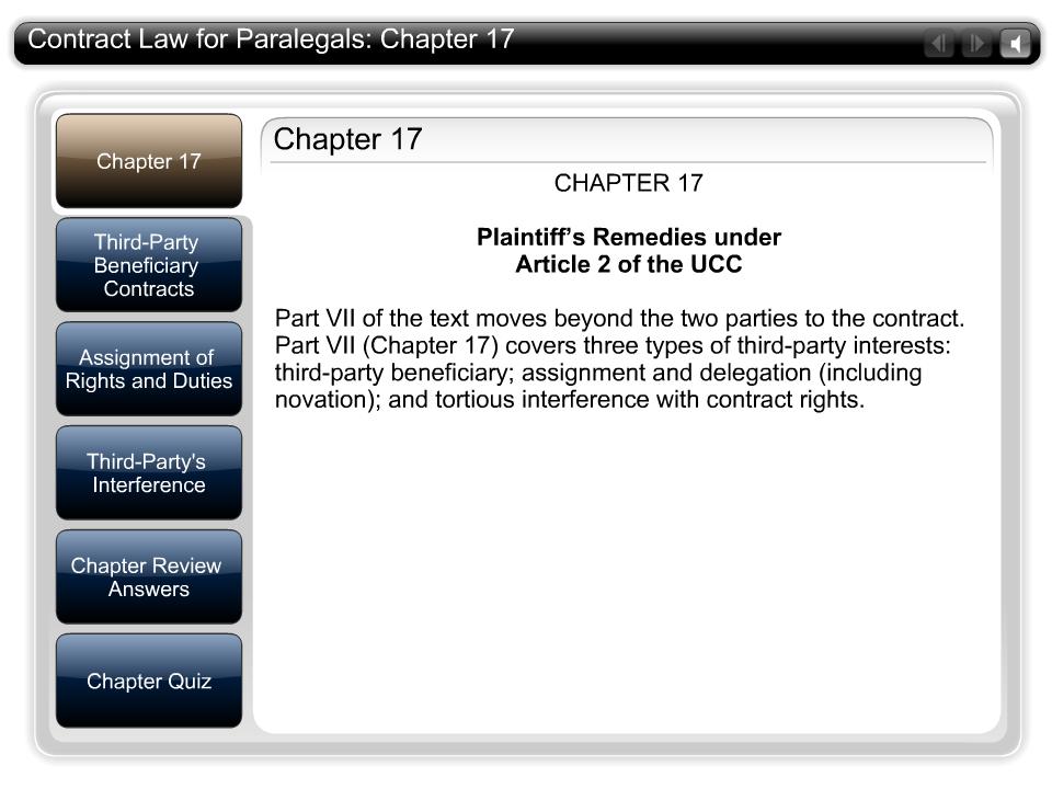 Contract Law for Paralegals: Chapter 17 Chapter 17 CHAPTER 17 Plaintiff s Remedies under Article 2 of the UCC Part VII of the text moves beyond the two parties to the contract.