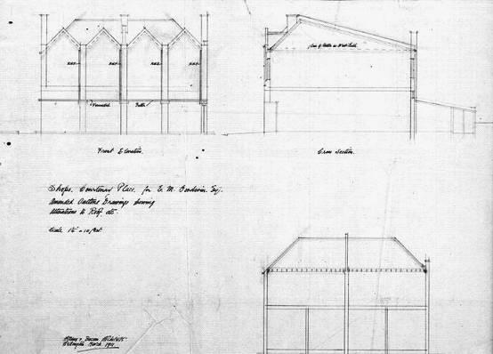 Original plans of front elevation, cross section