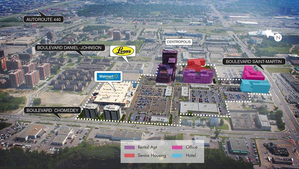 Laval Centre Lands designated by City as Centre-Ville, due to highway and transit access 43 acre site anchored by a 160,000 square foot Walmart Supercentre Parcels of land under