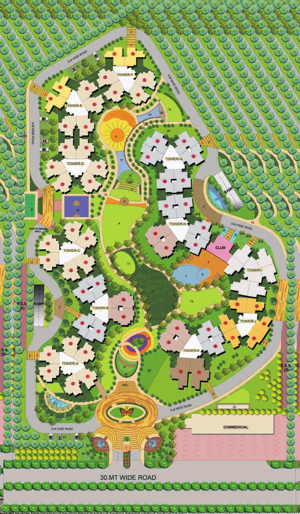 LEGEND SITE PLAN 1. Guard Room and Entrance 11. Bamboo Groove Gate 12. Senior Citizens Garden 2. Tower Entries 13. Sheet Fall 3. Amphitheater 14. Jogging Track 4. Public Lawn 15. Flower Bed 5.