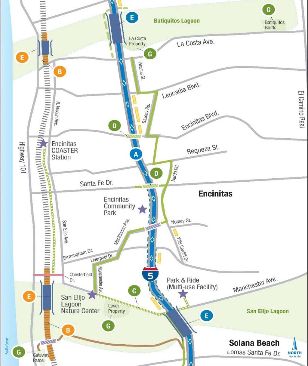 Phase 1 Encinitas (2016-2020) A B C D E E HOV/Carpool Lanes from Solana Beach to northern Carlsbad New Double Track North Coast Bike Trail Encinitas Blvd.