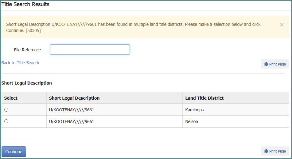 be completed in order to fully complete the search In this example, the search returned two land title offices.
