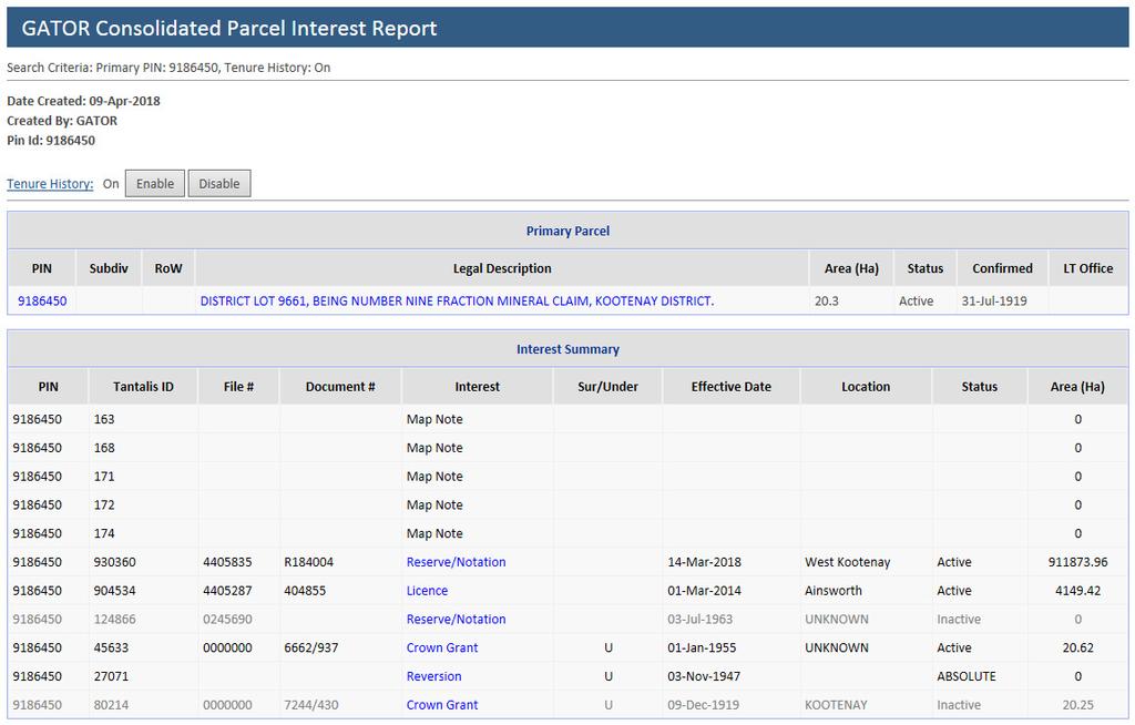 The resulting web page will contain, at minimum, 2 sections, a Primary Parcel section and an Interest Summary section.