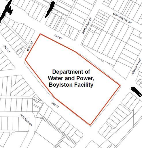 Name: Department of Water and Power, Boylston Facility Large superblock bounded by 1st Street, Beaudry Avenue, 2nd Street, and Bixel Street.