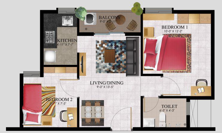 2 BHK Compact - South Facing - 626 Sq.ft Carpet Area - 394 sq. ft.