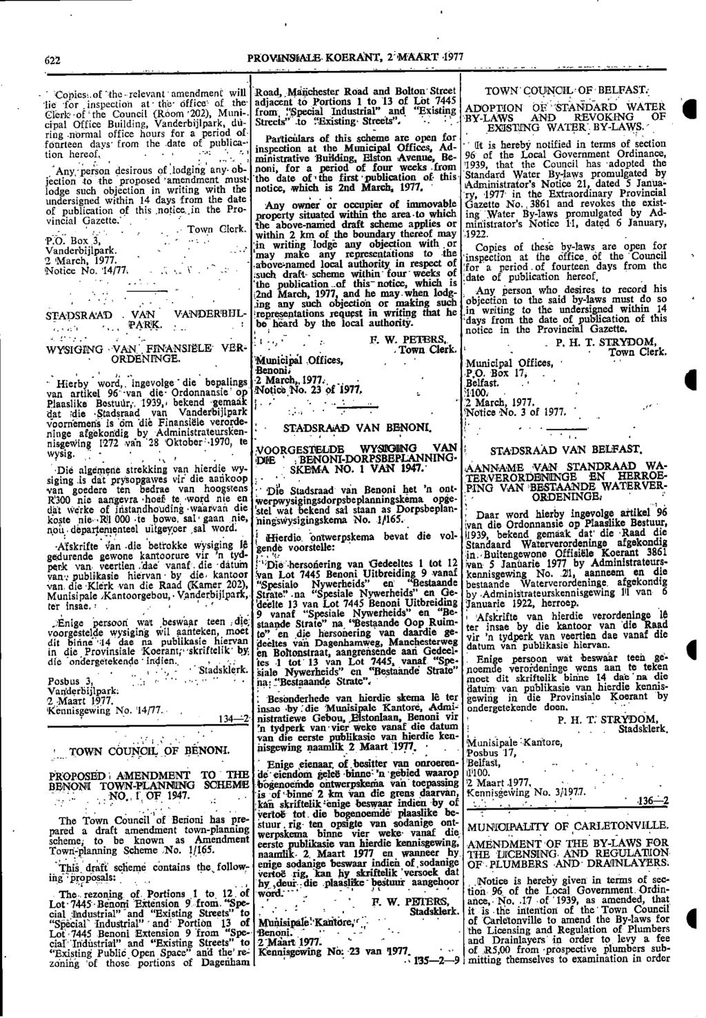 622 PtOVNSALEKOERANT 2:MAART 4977 TOWN COUNCL OF BELFAST the Council (Room 202) Muni from lspecial ndustrial" and "Existing ADOPTON OF STANDARD WATER Copiestof the relevant amendment will