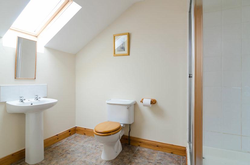 ENSUITE SHOWER ROOM: White suite comprising low flush wc, pedestal wash hand basin