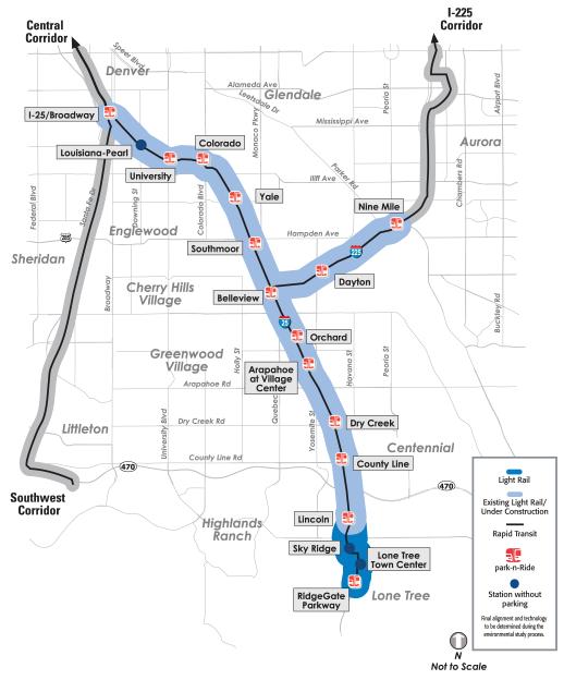 5.0 SOUTHEAST CORRIDOR Transit-Oriented Development Opened in 2006, the 19-mile Southeast Corridor extended light rail service along I-25 into southeast Denver, Greenwood Village, Centennial,