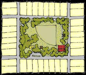 No rear facing lots are allowed adjacent to a green. Tree plantings can be informal and the topography irregular. Greens may be used to preserve specimen trees. Size is 500 SF to one acre.