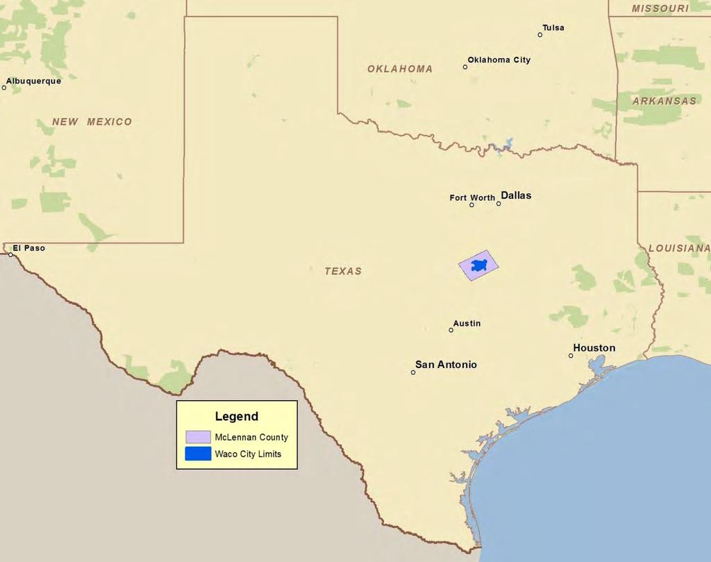 Community Profile Geography The City of Waco is located in central Texas within McLennan County.