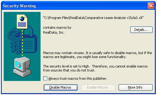 Figure 1-2 Excel 2003 Security Warning In response to this dialog, you should mark the checkbox for Always trust