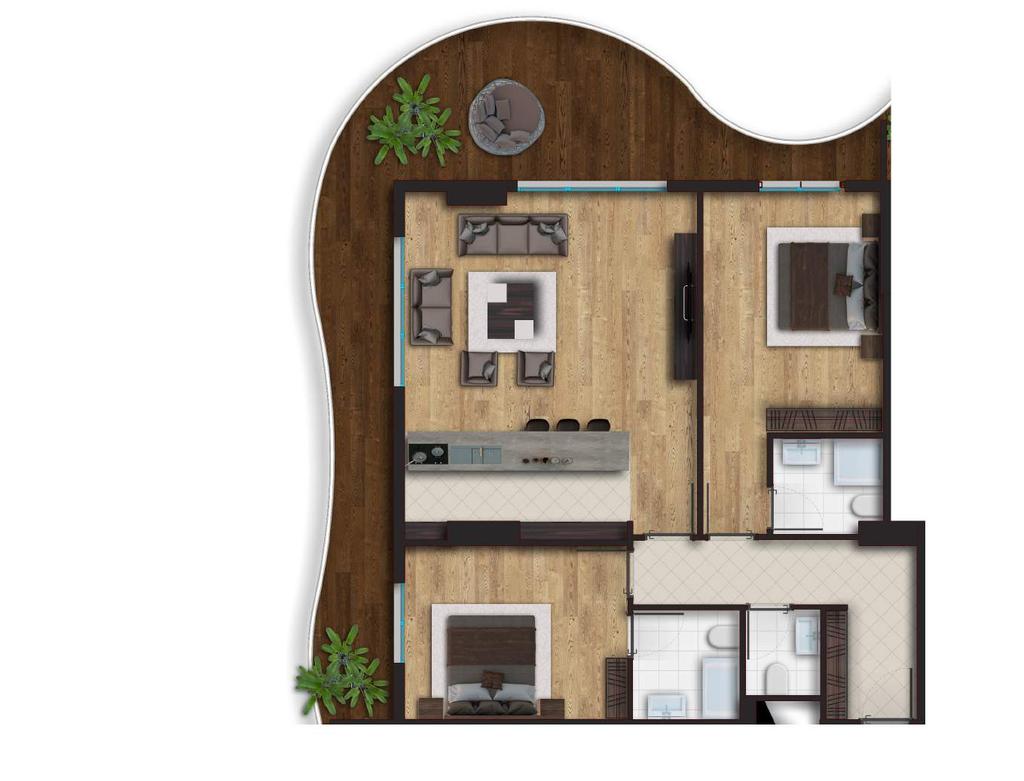 83 m² 2 Living Room & Kitchen 34.00 m² 3 Bedroom 16.45 m² 3 Bedroom 16.60 m² 4 Bathroom 4.