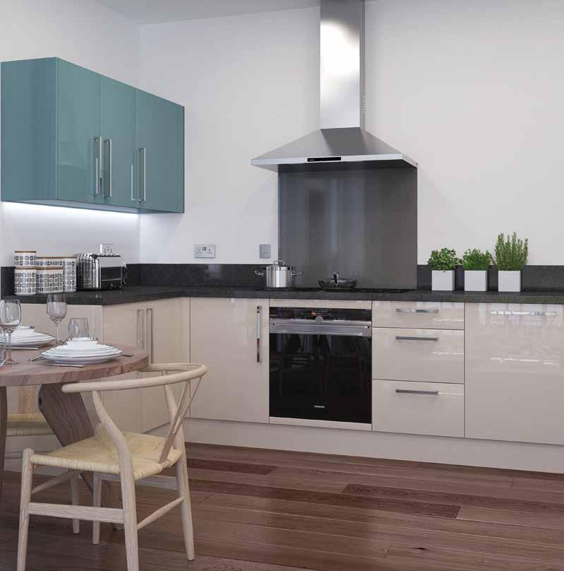 premier apartment specification kitchen dining living rooms Kitchens by Manhattan with high gloss acrylic doors featuring soft-closing wall units in Teal and soft-closing base units in Cashmere,