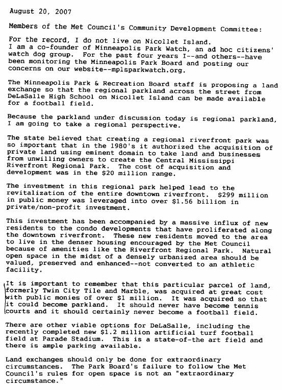 Exhibit 3: August 20, 2007 letter to Members of Met Council s Community Development Committee