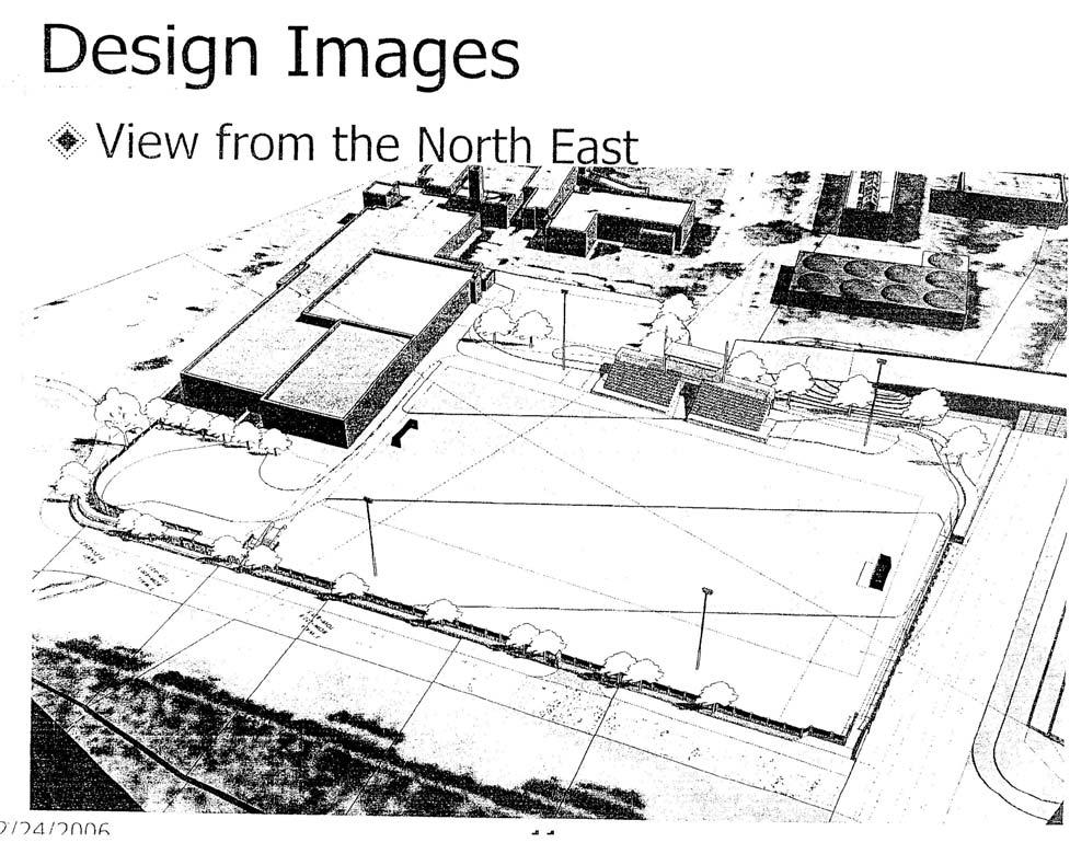 A schematic drawing of the proposed athletic field titled Figure 3: Design Images, View from the Northeast illustrates the proposed field in relation to