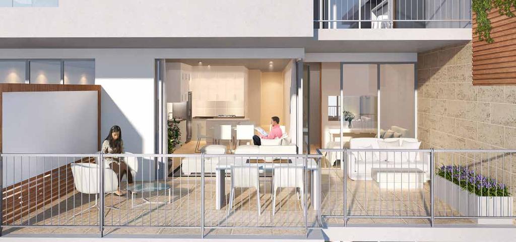 Indoor-outdoor living of a typical apartment MODERN OPEN PLAN LIVING, DINING AND KITCHEN AREA TYPICAL APARTMENTS 2-3 bedroom units have large terraces