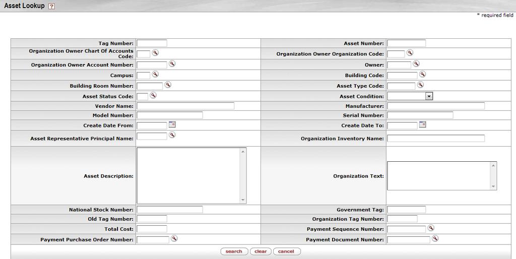 Capital Asset Management Module Asset Under KFS Modules, Capital Asset Management, Reference, select the Lookup button in the Asset row.