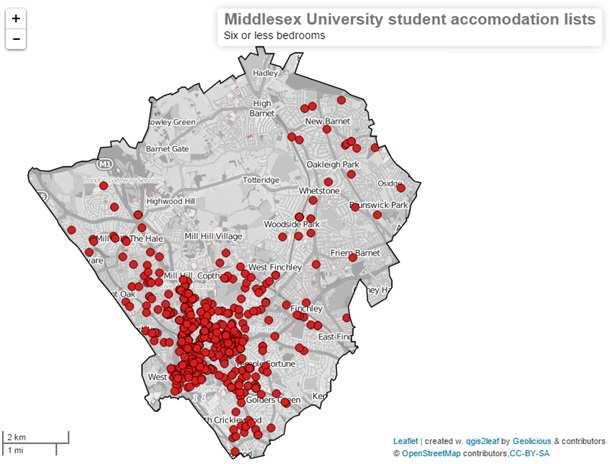 Map 5: Middlesex University distribution of student accommodation with six or less bedrooms 4 Environmental Health data Licensed HMO 4.