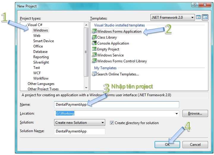 Hình 2: Tạo ứng dụng Windows Form 2. Sau khi hoàn tất các bước trên VS.NET sẽ phát sinh ra một project Windows Form mẫu, cho phép người lập trình bắt đầu xây dựng các ứng dụng. Giao diện của VS.