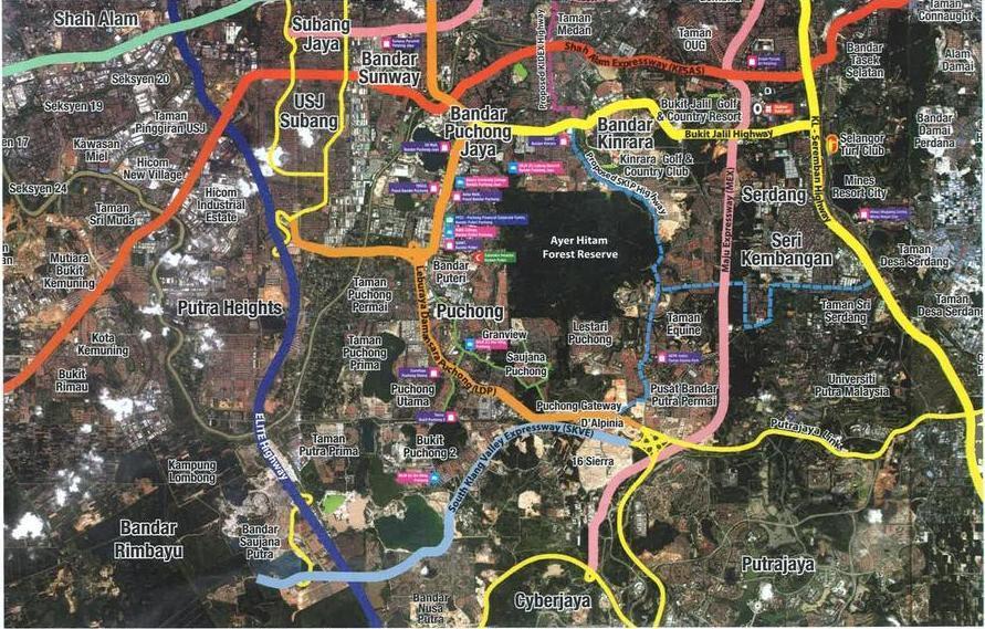 (Click to enlarge) Puchong South generally refers to the southern portion of Puchong covering the areas bounded by the ELITE Highway to the west, to the areas nearing the borders of Cyberjaya/