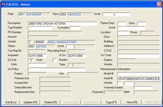 Entering Assets The required fields to enter an asset on the Asset Maint screen are: Dept, Class, Asset #, Description, and Status Other important fields include: Tag Number, Vendor, Acquired Date,