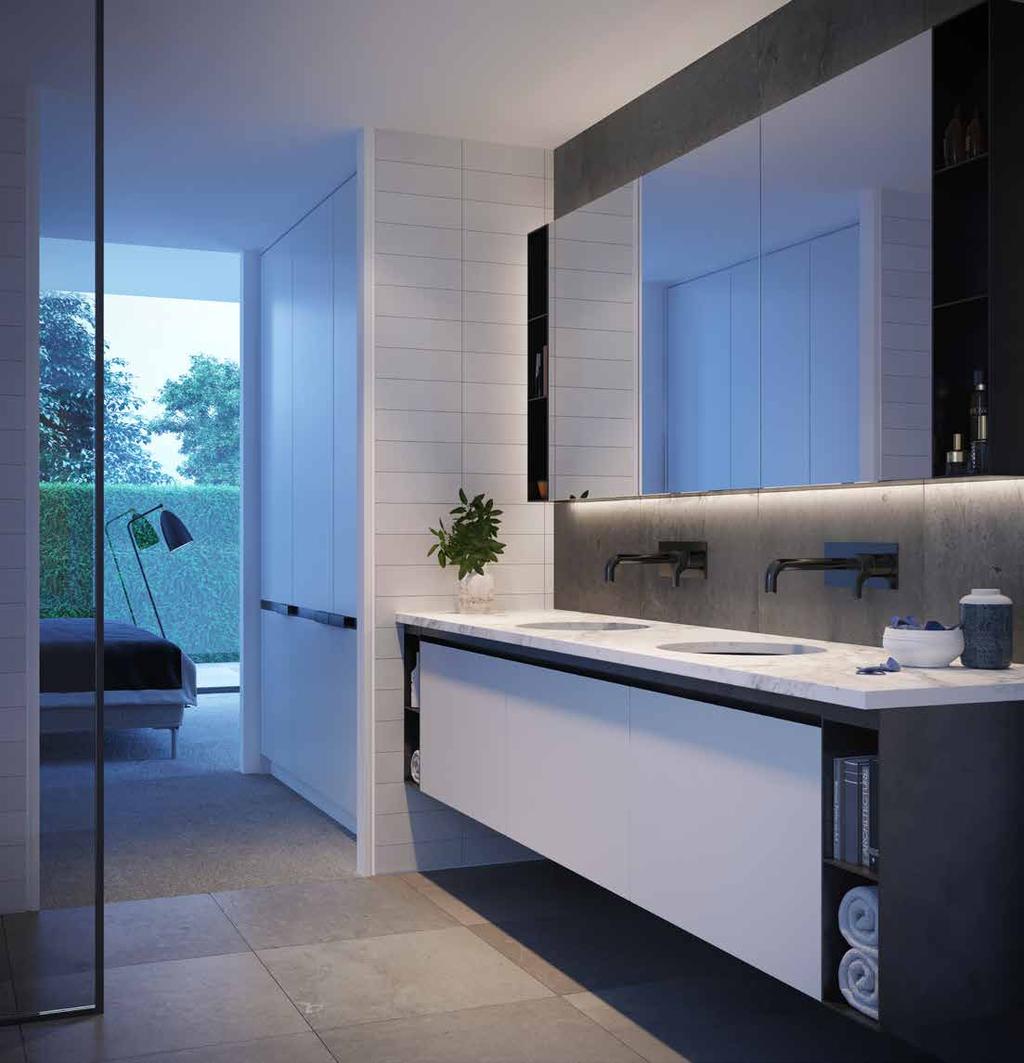ARCHITECTURE 22 DESIGN 23 The bathroom & ensuite feature large format porcelain tiles to the floor and feature wall, which is offset by soft light grey brick format tiles to surrounding walls.