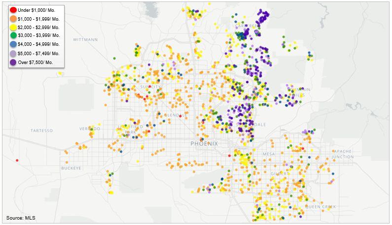 Phoenix Single Family Rentals in Maricopa County Individual single family homes that are currently listed for rent in Maricopa County (per MLS) are detailed on the map below.